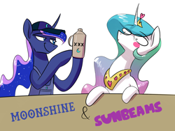 Size: 1600x1200 | Tagged: safe, artist:underpable, derpibooru import, princess celestia, princess luna, alicorn, pony, :o, alcohol, ask sunshine and moonbeams, blush sticker, blushing, clothes, eyes on the prize, female, hat, heart, hoof hold, lidded eyes, mare, moonshine, open mouth, overalls, parody, pointing, redneck, royal sisters, simple background, smiling, smirk, white background, wide eyes