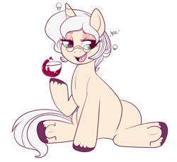 Size: 719x660 | Tagged: safe, artist:lulubell, derpibooru import, oc, oc only, oc:allure, pony, unicorn, alcohol, commission, drunk, glasses, sitting, solo, wine, wine glass, ych result