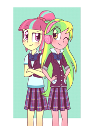 Size: 473x637 | Tagged: safe, artist:bluemoonlightflower, lemon zest, sour sweet, equestria girls, clothes, crystal prep academy uniform, female, lemonsweet, lesbian, one eye closed, school uniform, shipping, wink