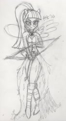 Size: 1887x3476 | Tagged: safe, artist:e-e-r, sour sweet, equestria girls, arrow, bow (weapon), bow and arrow, looking at you, monochrome, ponied up, pony ears, sketch, solo, traditional art, weapon, wings