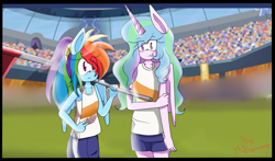 Size: 1961x1150 | Tagged: safe, artist:myponysonicstyle, derpibooru import, princess celestia, rainbow dash, anthro, equestria games (episode), clothes, crossover, crystal stadium, duo, equestria games, flag, shirt, sonic the hedgehog (series), sonicified, t-shirt