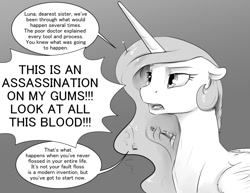 Size: 1280x989 | Tagged: safe, artist:silfoe, derpibooru import, princess celestia, alicorn, pony, celestia is not amused, dentist, dialogue, female, floppy ears, gradient background, grayscale, implied princess luna, mare, monochrome, offscreen character, on the moon for too long, open mouth, royal sketchbook, speech bubble, toothbrush, unamused, yelling