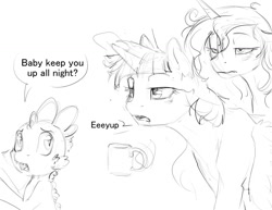 Size: 1280x989 | Tagged: safe, artist:silfoe, derpibooru import, princess luna, spike, twilight sparkle, twilight sparkle (alicorn), alicorn, dragon, pony, black and white, coffee, coffee mug, dialogue, female, grayscale, lesbian, male, mare, messy mane, monochrome, morning ponies, other royal book, shipping, simple background, speech bubble, tired, twiluna, white background