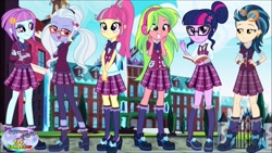 Size: 1280x720 | Tagged: safe, indigo zap, lemon zest, sci-twi, sour sweet, sugarcoat, sunny flare, twilight sparkle, equestria girls, friendship games, book, clothes, crystal prep academy, crystal prep academy uniform, ear piercing, earring, freckles, glasses, goggles, hair bun, headphones, high heels, jewelry, leg warmers, piercing, pigtails, ponytail, school uniform, shadow six, shoes, skirt, socks, twintails