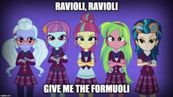 Size: 888x499 | Tagged: safe, edit, edited screencap, screencap, indigo zap, lemon zest, sour sweet, sugarcoat, sunny flare, equestria girls, image macro, imitation krabs, meme, shadow five, shadowbolt comments, spongebob squarepants, unleash the magic