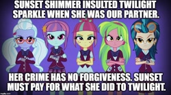 Size: 888x499 | Tagged: safe, edit, edited screencap, screencap, indigo zap, lemon zest, sour sweet, sugarcoat, sunny flare, equestria girls, image macro, meme, shadow five, shadowbolt comments, unleash the magic