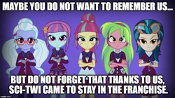 Size: 888x499 | Tagged: safe, edit, edited screencap, screencap, indigo zap, lemon zest, sour sweet, sugarcoat, sunny flare, equestria girls, image macro, meme, shadow five, shadowbolt comments, unleash the magic