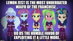 Size: 888x499 | Tagged: safe, edit, edited screencap, screencap, indigo zap, lemon zest, sour sweet, sugarcoat, sunny flare, equestria girls, image macro, meme, shadow five, shadowbolt comments