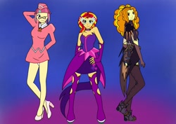 Size: 1754x1240 | Tagged: safe, artist:linedraweer, adagio dazzle, midnight sparkle, sour sweet, sunset shimmer, equestria girls, boots, clothes, commission, costume, crossover, dress, glasses, halloween, halloween costume, hat, high heels, mercy, nurse, overwatch, panties, shoes, skirt, skirt lift, stockings, underwear, upskirt, white underwear