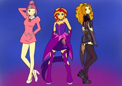 Size: 1754x1240 | Tagged: safe, artist:linedraweer, adagio dazzle, midnight sparkle, sour sweet, sunset shimmer, equestria girls, boots, clothes, commission, costume, crossover, dress, halloween, halloween costume, hat, high heels, mercy, nurse, overwatch, panties, ponytail, shoes, skirt, stockings, underwear, upskirt, white underwear
