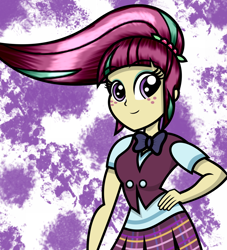 Size: 1024x1130 | Tagged: safe, artist:alligatorgummy, sour sweet, equestria girls, friendship games, rainbow rocks, clothes, credits, freckles, pleated skirt, ponytail, request, school uniform, shine like rainbows, skirt, smiling, solo