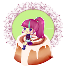 Size: 520x573 | Tagged: safe, artist:electricshine, sour sweet, human, equestria girls, cinnamon bun, cute, female, food, looking at you, simple background, smiling, solo, sourbetes, transparent background