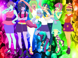 Size: 1454x1076 | Tagged: safe, artist:rebeeccadesings, indigo zap, lemon zest, sour sweet, sugarcoat, sunny flare, sunset shimmer, twilight sparkle, equestria girls, alternate universe, anime, armpits, base used, clothes, dress, freckles, glasses, goggles, human sunset, looking at you, peace sign, smiling