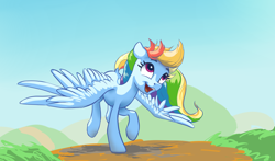 Size: 2592x1527 | Tagged: safe, artist:nadnerbd, derpibooru import, rainbow dash, pegasus, pony, dock, female, looking up, mare, open mouth, raised leg, smiling, solo, spread wings, wings
