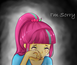 Size: 1000x849 | Tagged: safe, artist:electricshine, sour sweet, equestria girls, bust, clothes, crying, dialogue, eyes closed, eyeshadow, female, freckles, makeup, sad, solo