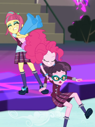 Size: 1536x2048 | Tagged: safe, screencap, pinkie pie, sour sweet, varsity trim, equestria girls, friendship games, clothes, crystal prep academy uniform, dimensional cracks, eyes closed, female, freckles, glasses, gritted teeth, open mouth, school uniform