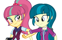 Size: 896x588 | Tagged: safe, artist:mlpshimmysunshine123, juniper montage, sour sweet, equestria girls, base used, bowtie, clothes, crystal prep academy uniform, duo, female, freckles, junipersweet, lesbian, missing accessory, ponytail, school uniform, shipping, simple background, white background