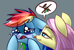Size: 1748x1181 | Tagged: safe, artist:underpable, derpibooru import, fluttershy, rainbow dash, tank, pegasus, pony, tanks for the memories, crying, duo, duo female, female, flutterbitch, licking, open mouth, simple background, teal background, tongue out, tough love, x, your tears are delicious