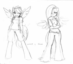 Size: 990x866 | Tagged: safe, artist:kamicheetah, derpibooru import, fluttershy, rainbow dash, anthro, pegasus, unguligrade anthro, monochrome