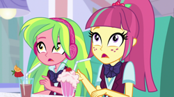 Size: 1280x718 | Tagged: safe, screencap, lemon zest, sour sweet, dance magic, equestria girls, spoiler:eqg specials, bendy straw, drinking straw, headphones, milkshake, straw, surprised