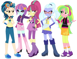 Size: 774x590 | Tagged: safe, artist:sarahgdo, indigo zap, lemon zest, sour sweet, sugarcoat, sunny flare, equestria girls, alternate costumes, alternate universe, shadow five