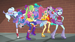 Size: 1912x1072 | Tagged: safe, screencap, lemon zest, sour sweet, sugarcoat, sunny flare, dance magic, equestria girls, spoiler:eqg specials, adoraflare, boots, clothes, converse, crystal prep shadowbolts, cute, cutie mark, ear piercing, earring, eyes closed, female, freckles, glasses, graffiti, group, headphones, heart, high heel boots, high heels, jewelry, legs, open mouth, piercing, pigtails, pointe, ponytail, raised leg, shoes, skirt, skirt lift, sneakers, socks, sourbetes, sugarcute, tutu, twintails, wristband, zestabetes
