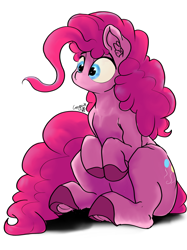 Size: 1280x1707 | Tagged: safe, artist:greyscaleart, derpibooru import, pinkie pie, pony, sitting, solo, underhoof, wide eyes