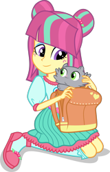 Size: 5759x9000 | Tagged: safe, artist:limedazzle, sour sweet, cat, equestria girls, absurd resolution, alternate hairstyle, alternate universe, backpack, clothes, cute, freckles, kneeling, kneesocks, shirt, shoes, simple background, skirt, socks, transparent background, vector