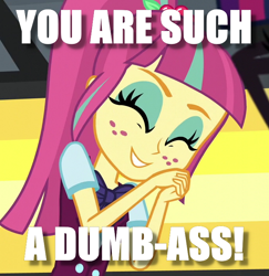 Size: 684x704 | Tagged: safe, edit, edited screencap, screencap, sour sweet, equestria girls, bait and switch, eyes closed, freckles, image macro, meme, smiling, solo, vulgar