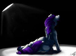 Size: 1280x940 | Tagged: safe, artist:greyscaleart, derpibooru import, rarity, pony, semi-anthro, unicorn, facing away, plot, pose, solo, spotlight, underhoof