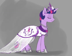 Size: 1280x989 | Tagged: safe, artist:silfoe, derpibooru import, twilight sparkle, twilight sparkle (alicorn), alicorn, pony, alternate hairstyle, beautiful, clothes, dress, eyes closed, female, gray background, mare, royal sketchbook, smiling, solo, wedding dress