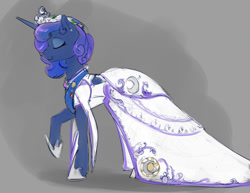 Size: 1280x989 | Tagged: safe, artist:silfoe, derpibooru import, princess luna, alicorn, pony, alternate hairstyle, beautiful, clothes, dress, eyes closed, female, gray background, mare, profile, raised hoof, royal sketchbook, smiling, solo, wedding dress