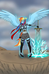 Size: 1024x1536 | Tagged: safe, artist:nwinter3, derpibooru import, rainbow dash, anthro, plantigrade anthro, armor, clothes, frown, halo, looking at you, magic, skirt, socks, solo, spread wings, sword, thigh highs, weapon