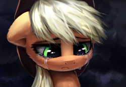 Size: 1551x1080 | Tagged: safe, artist:inowiseei, derpibooru import, applejack, earth pony, pony, cowboy hat, crying, hat, looking down, sad, solo, stetson