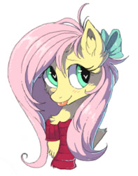 Size: 368x467 | Tagged: safe, artist:hioshiru, derpibooru import, fluttershy, pegasus, pony, :p, bow, bust, chest fluff, clothes, cute, ear fluff, flockmod, hair bow, heart eyes, looking sideways, portrait, scarf, shyabetes, silly, simple background, solo, tongue out, white background, wingding eyes