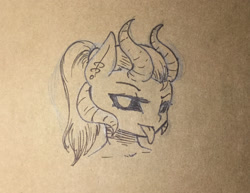 Size: 1280x990 | Tagged: safe, artist:elzzombie, derpibooru import, rainbow dash, anthro, demon, bust, ear piercing, horns, looking at you, monochrome, piercing, portrait, solo, tongue out, traditional art