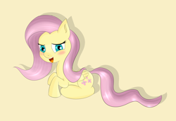 Size: 2498x1706 | Tagged: safe, artist:brok-enwings, derpibooru import, fluttershy, pegasus, pony, blushing, folded wings, looking at you, open mouth, prone, simple background, smiling, solo, yellow background