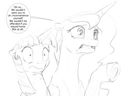 Size: 1280x989 | Tagged: safe, artist:silfoe, derpibooru import, princess luna, twilight sparkle, twilight sparkle (alicorn), alicorn, pony, female, grayscale, lesbian, monochrome, royal sketchbook, shipping, twiluna