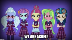 Size: 888x499 | Tagged: safe, edit, edited screencap, screencap, indigo zap, lemon zest, sour sweet, sugarcoat, sunny flare, equestria girls, grammar error, meme, shadow five, shadowbolt comments, unleash the magic