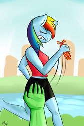 Size: 2000x3000 | Tagged: safe, artist:passigcamel, derpibooru import, rainbow dash, oc, oc:anon, anthro, belly button, blushing, clothes, gift giving, gritted teeth, hand, midriff, present, running, solo, tanktop, tsundere