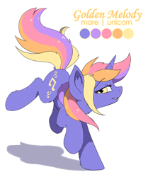 Size: 1002x1200 | Tagged: safe, artist:hioshiru, derpibooru import, oc, oc only, oc:golden melody, pony, unicorn, reference sheet, simple background, solo, white background