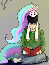 Size: 1280x1715 | Tagged: safe, artist:greyscaleart, derpibooru import, princess celestia, oc, oc:human grey, alicorn, human, pony, book, cute, cutelestia, duo, pony hat, reading