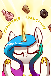 Size: 1181x1748 | Tagged: safe, artist:underpable, derpibooru import, princess celestia, alicorn, pony, cake, cakelestia, donut, eyes closed, food, overwatch, smiling, solo, zenyatta