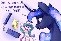 Size: 1748x1181 | Tagged: safe, artist:underpable, derpibooru import, princess celestia, princess luna, alicorn, pony, blush sticker, blushing, constellation, curved horn, cute, cutelestia, dialogue, duo, female, happy, hooves to the chest, luna is not amused, magic, mare, open mouth, present, royal sisters, sarcasm, shiny eyes, siblings, sisters, starry mane, sundial, unamused