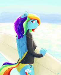 Size: 1500x1831 | Tagged: safe, artist:shiropoint, derpibooru import, rainbow dash, anthro, backwards cutie mark, bikini, bikini bottom, clothes, solo, surfboard, swimsuit, wetsuit