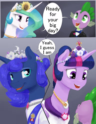 Size: 1280x1656 | Tagged: safe, artist:silfoe, derpibooru import, princess celestia, princess luna, spike, twilight sparkle, twilight sparkle (alicorn), alicorn, dragon, pony, clothes, comic, dialogue, dress, female, lesbian, nervous, open mouth, royal sisters, royal sketchbook, shipping, smiling, sweat, twiluna, wedding dress