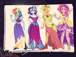 Size: 4608x3456 | Tagged: safe, artist:kyotox33jdi, derpibooru import, applejack, pinkie pie, rainbow dash, rarity, anthro, absurd resolution, beautiful, clothes, colored sketch, cute, dress, gala dress, group, high heels, looking at you, sketchbook, smiling, traditional art