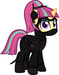 Size: 5000x6334 | Tagged: safe, artist:n0kkun, sour sweet, pony, unicorn, armor, belt, body armor, boots, clothes, commission, disguise, disguised changeling, ear piercing, earring, equestria girls ponified, eyeshadow, female, freckles, gloves, headset, jacket, jewelry, katana, makeup, mare, mask, ninja, pants, piercing, ponified, shoes, simple background, smiling, smirk, solo, sword, transparent background, weapon