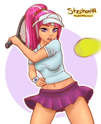 Size: 1024x1261 | Tagged: safe, artist:stephen49, sour sweet, human, belly button, clothes, commission, cutie mark, female, hat, humanized, midriff, miniskirt, open mouth, ponytail, shirt, short shirt, skirt, solo, sports, sweatband, t-shirt, tennis, tennis ball, tennis racket, visor