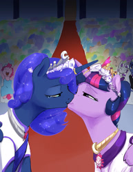 Size: 1280x1656 | Tagged: safe, artist:silfoe, derpibooru import, night light, pinkie pie, princess luna, twilight sparkle, twilight sparkle (alicorn), twilight velvet, alicorn, earth pony, pony, clothes, crowd, dress, female, kissing, lesbian, marriage, royal sketchbook, shipping, smiling, twiluna, wedding, wedding dress